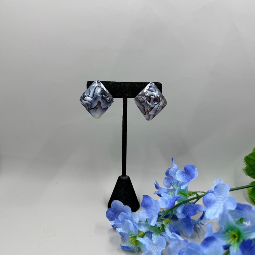 Gray and Black Abalone Shell Marble Square Clip On Earrings